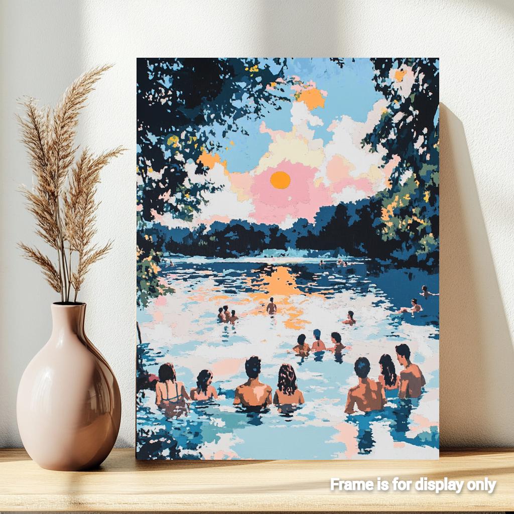 a painting of people swimming in a lake