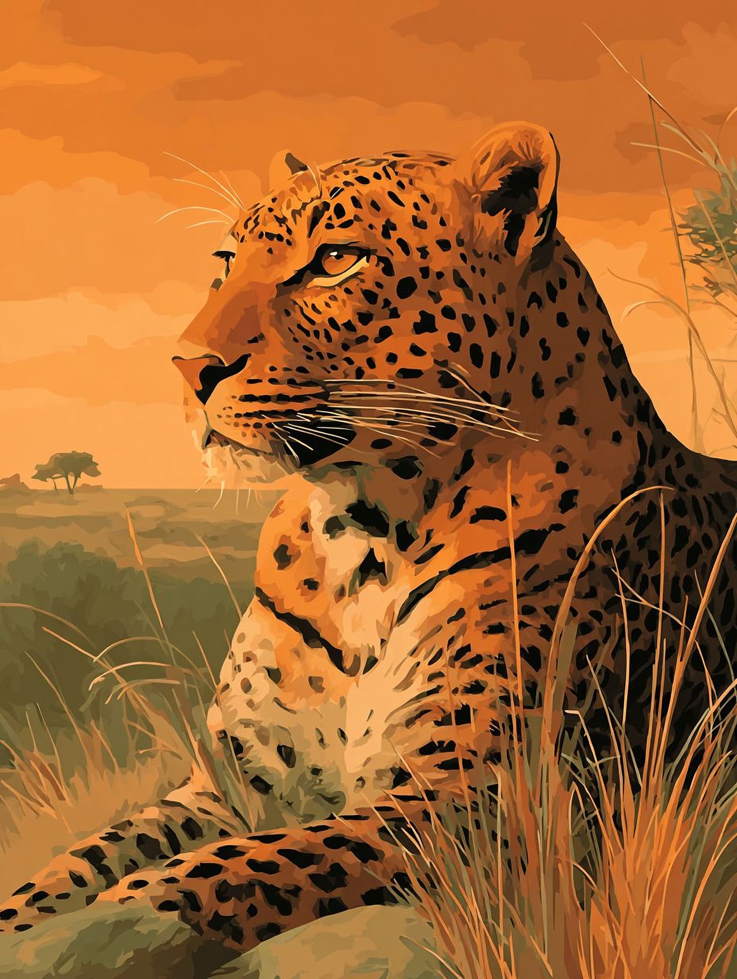 A leopard resting in a grassy field, its gaze directed off to the side.