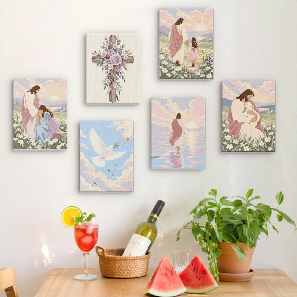 a wall adorned with six framed paintings depicting various scenes, including a cross, a woman with a child, and a woman walking in a field. The paintings are arranged in a row on the wall, creating a visually appealing display. In the foreground, there is a table with a wine bottle, a glass, and a basket of fruit, including watermelon slices. The overall scene conveys a sense of tranquility and pastoral beauty.
