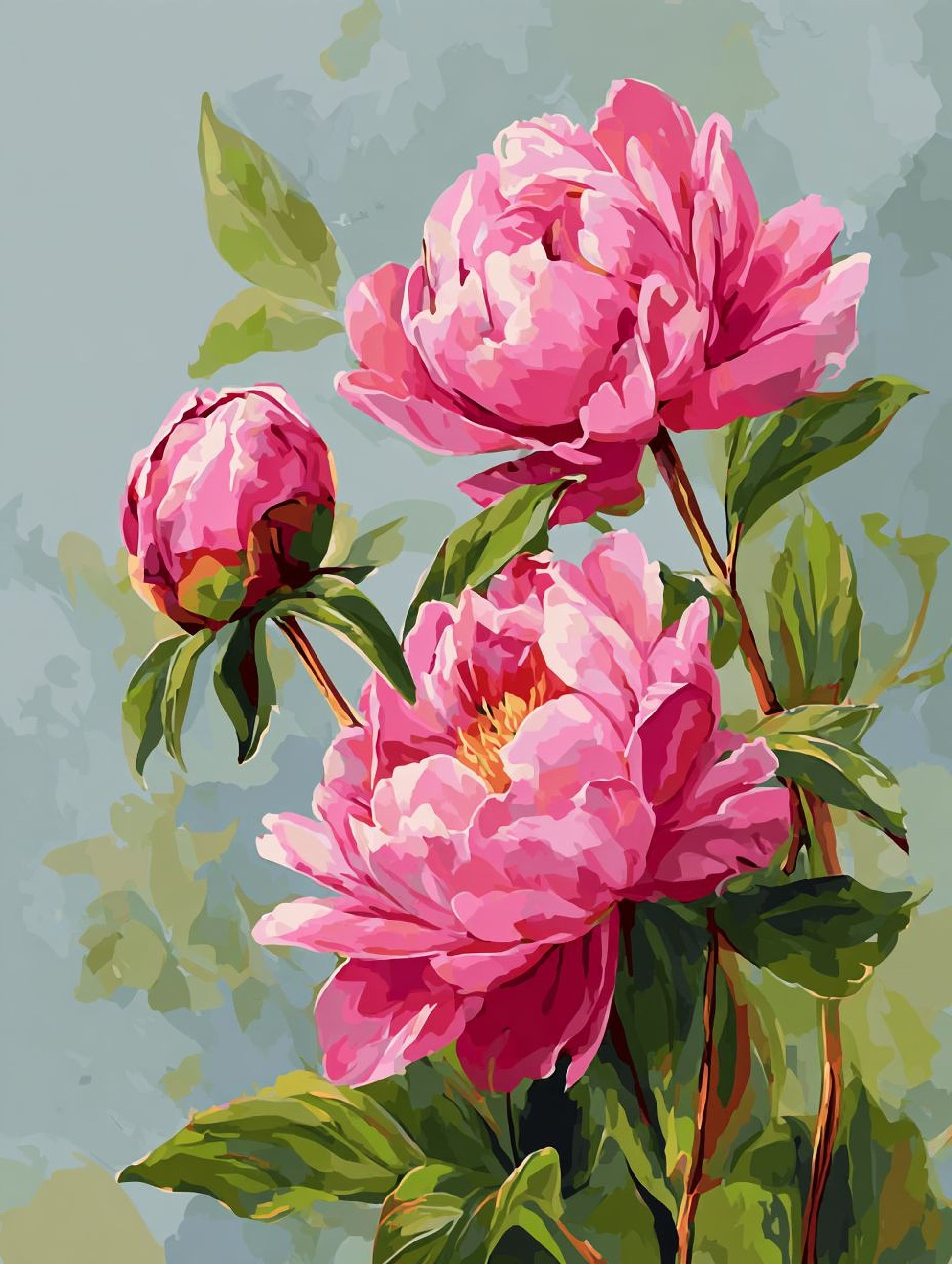 a vibrant bouquet of pink peonies with lush green leaves, set against a soft, pastel-colored background.