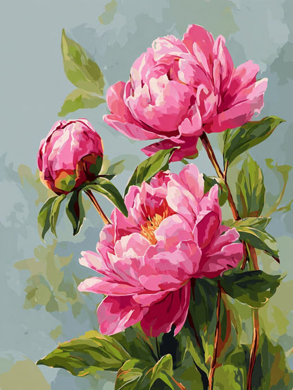a vibrant bouquet of pink peonies with lush green leaves, set against a soft, pastel-colored background.