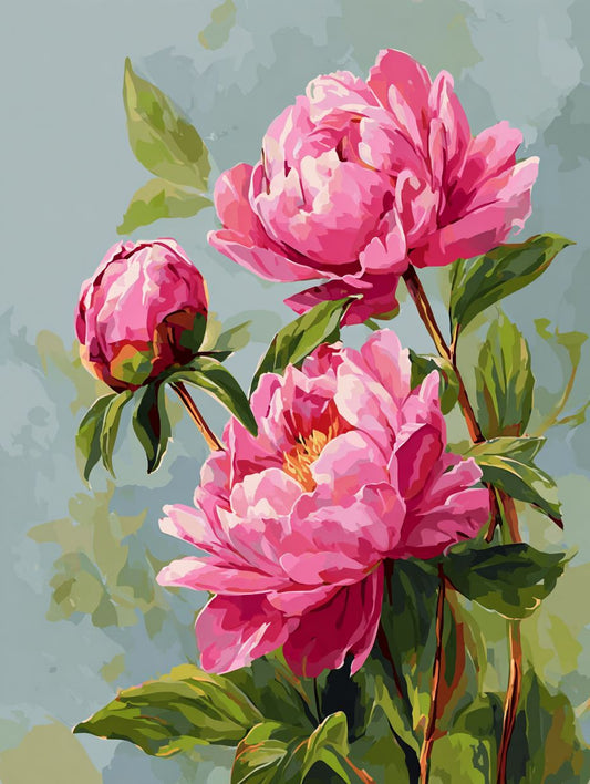 a vibrant bouquet of pink peonies with lush green leaves, set against a soft, pastel-colored background.