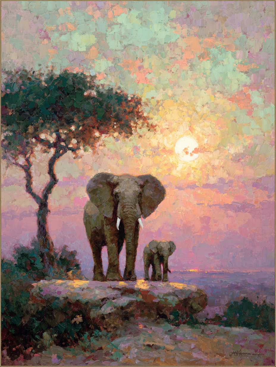 two elephants standing on a rock, with a tree and a sunset in the background.