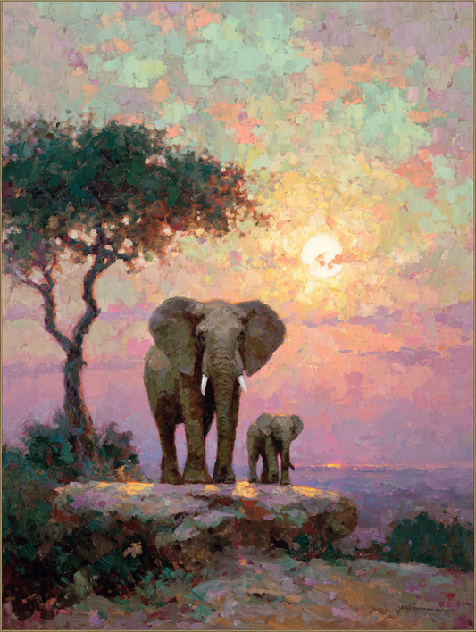 two elephants standing on a rock, with a tree and a sunset in the background.