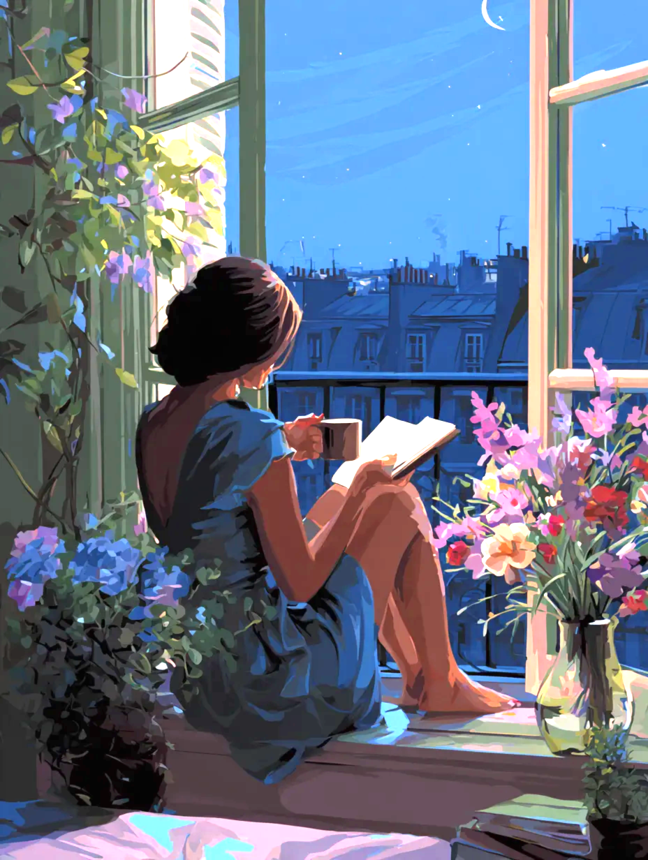A woman in a blue dress sits on a windowsill, reading a book and enjoying a cup of coffee, with a vase of flowers and a cityscape visible through the window.