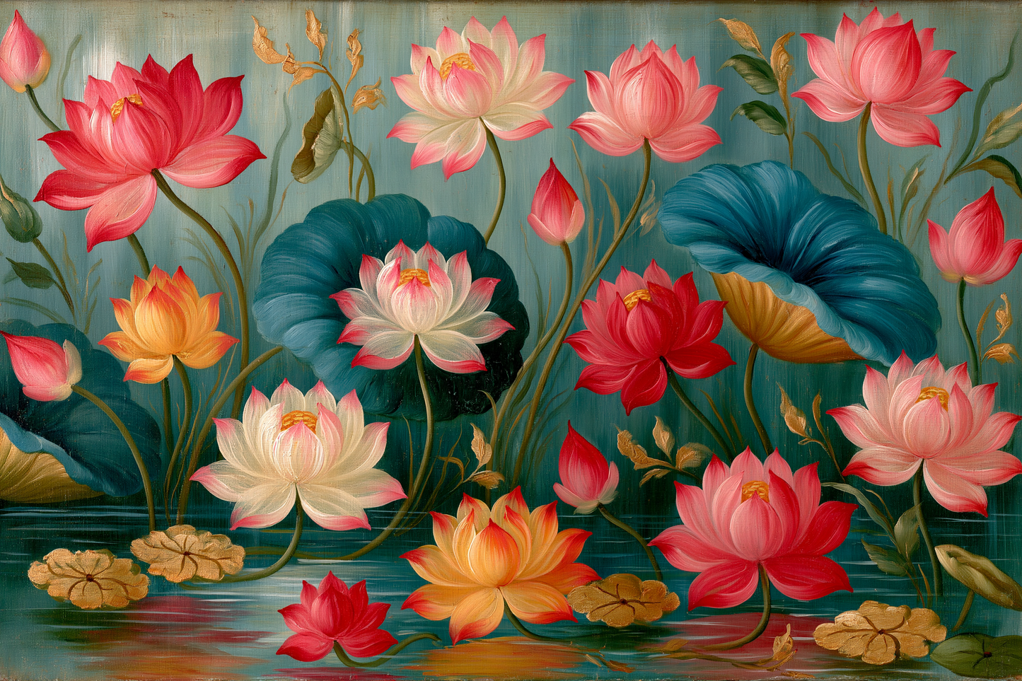 The image is a vibrant painting featuring a variety of colorful lotus flowers in shades of pink, white, and blue, set against a backdrop of green foliage and water.