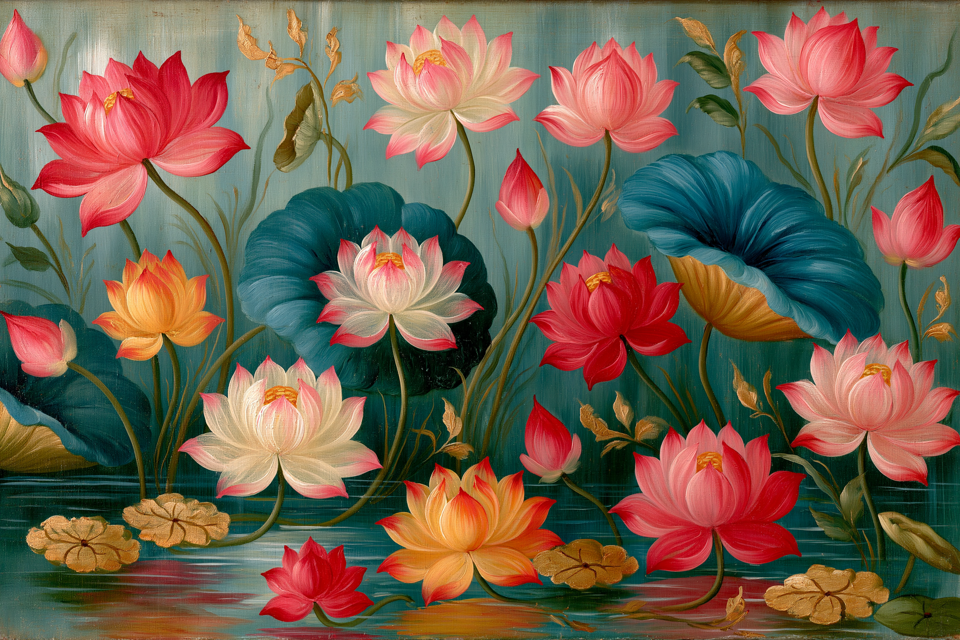 The image is a vibrant painting featuring a variety of colorful lotus flowers in shades of pink, white, and blue, set against a backdrop of green foliage and water.