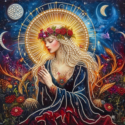 The image is a highly detailed and ornate painting featuring a woman with long, flowing hair and a crown of flowers. She is wearing a blue dress and a headpiece, and the background is filled with a variety of flowers and celestial elements, creating a fantastical and dreamlike atmosphere.