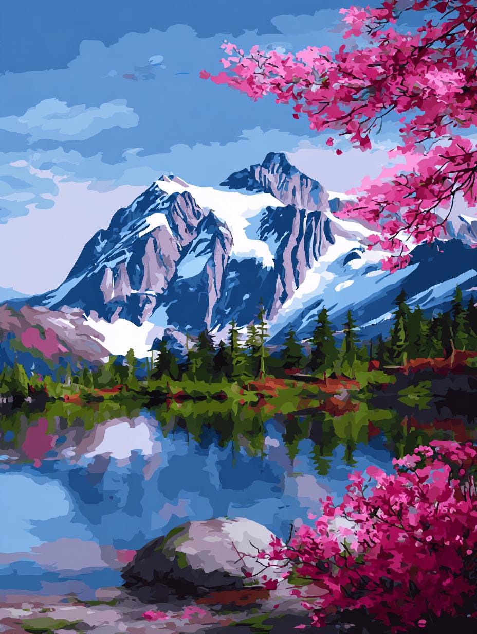 a serene mountain landscape with a lake, surrounded by snow-capped peaks and lush green forests. The sky above is a clear blue, and pink flowers are blooming on the trees, adding a touch of color to the scene.