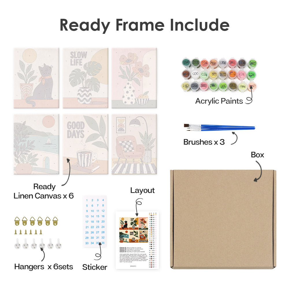 various art supplies and materials, including a ready frame, acrylic paints, brushes, a box, a layout, and a sticker.
