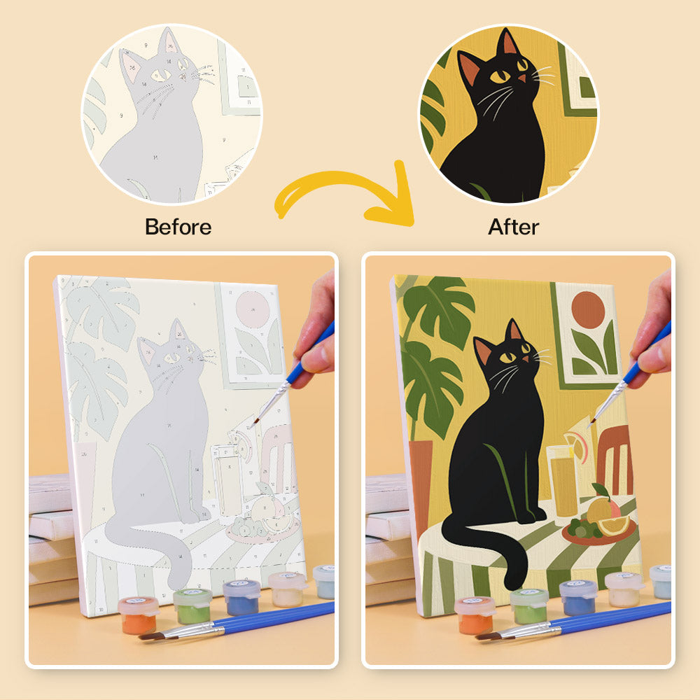 The image is a before and after comparison of a painting of a cat. The before image shows a gray cat sitting on a chair, while the after image shows the same cat in a different color scheme, with the cat now appearing black.