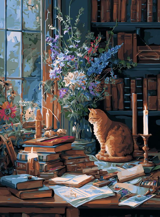 An orange cat sits on a cluttered desk, surrounded by books, flowers, and a lit candle, creating a cozy and intellectual atmosphere.