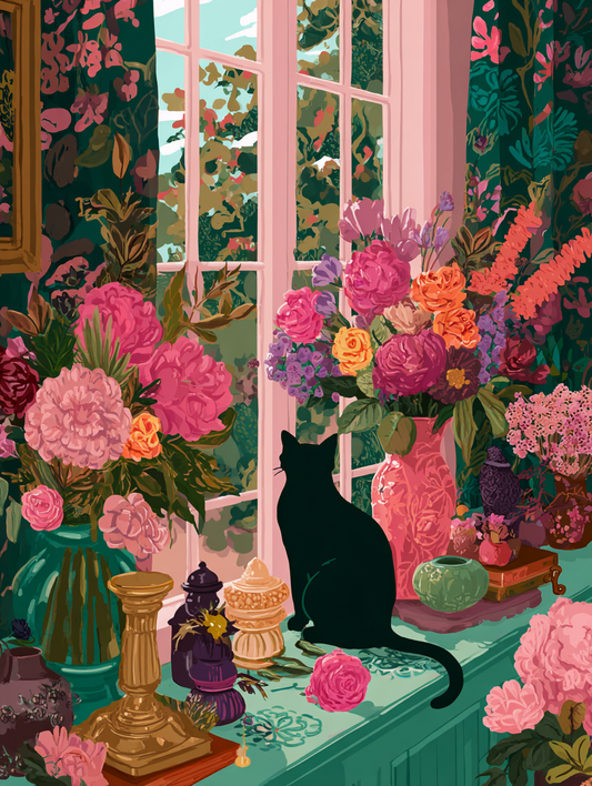 A black cat sits on a windowsill, surrounded by a vibrant array of colorful flowers and vases, creating a whimsical and charming scene.