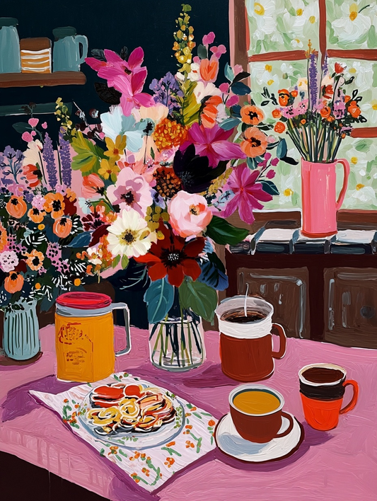 a cozy breakfast scene with a table set with various breakfast items, including a vase of colorful flowers, a plate of pastries, and two mugs of coffee.