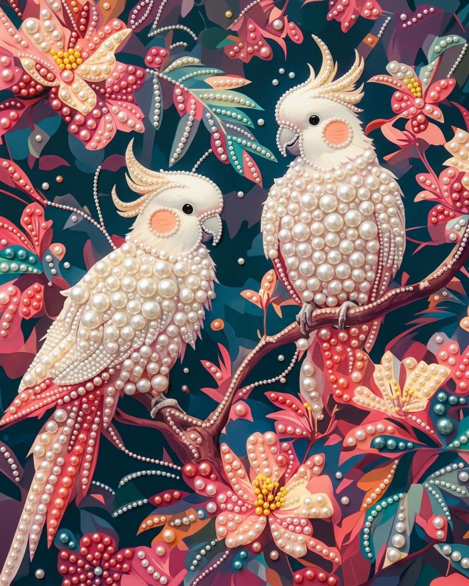The image is a vibrant and intricate collage featuring two white parrots perched on branches amidst a sea of colorful flowers and leaves. The parrots are adorned with numerous pearls, adding a touch of elegance and sophistication to the overall composition. The flowers and leaves are a riot of colors, ranging from deep blues and purples to bright pinks and yellows, creating a visually striking and harmonious scene.