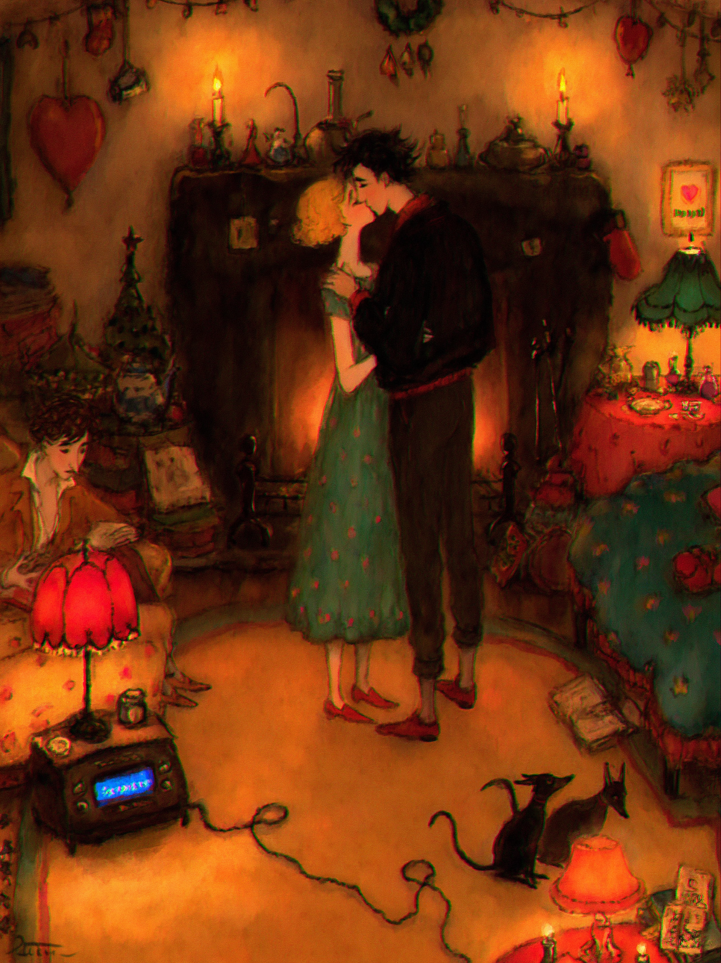 A couple embracing in a cozy, festive room with Christmas decorations, a fireplace, and other holiday-themed items.