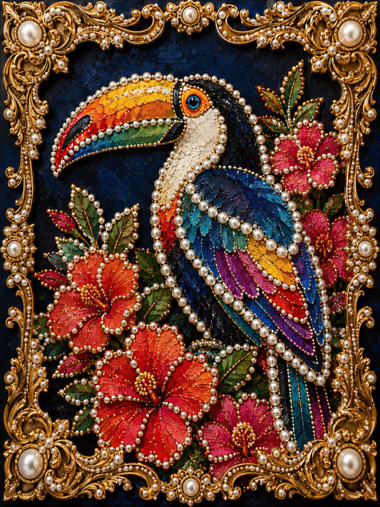 The image is a detailed and ornate painting of a colorful toucan, surrounded by flowers and pearls, all set within an elaborate gold frame.