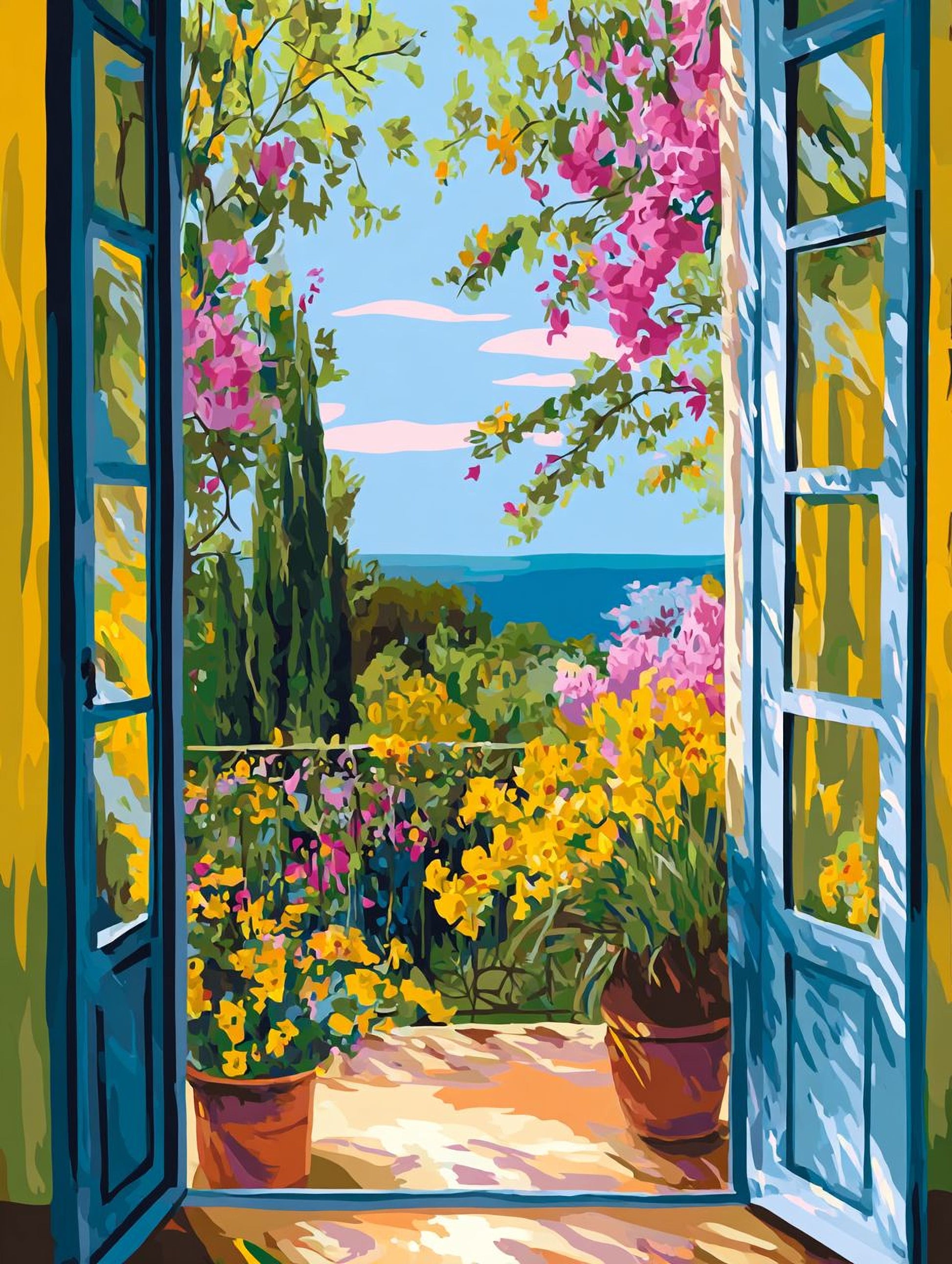 a vibrant and colorful balcony scene, with a view of the ocean and lush greenery. The balcony is adorned with potted plants and flowers, creating a serene and inviting atmosphere. The open blue doors of the balcony frame the picturesque view, allowing the viewer to appreciate the natural beauty of the surroundings.