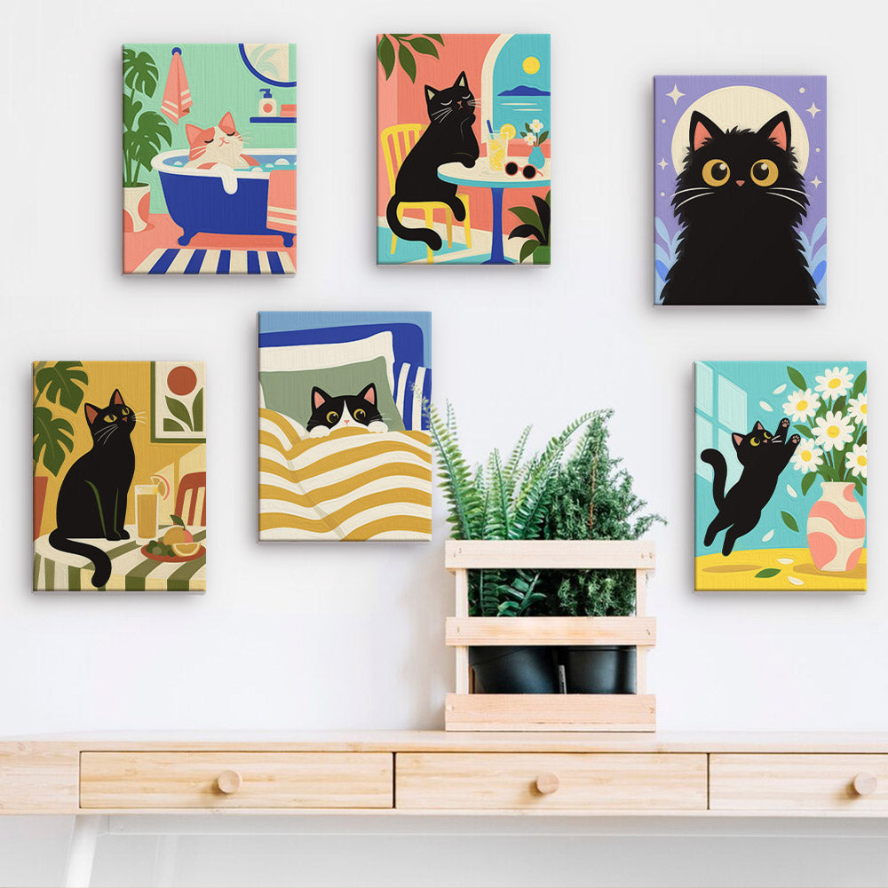 a wall with six colorful paintings of cats, each depicting a different scene with the cats in various activities. The paintings are arranged in a row, creating a visually appealing display.