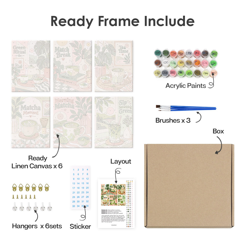 various art supplies and materials, including a ready frame, acrylic paints, brushes, a box, a layout, a sticker, and hangers.