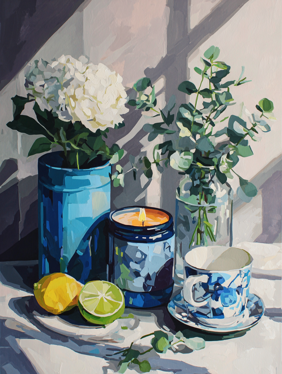 The image is a still life painting featuring a blue vase with white flowers, a blue candle, a white and blue cup, a lemon, and a green plant.