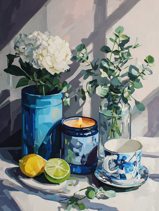 The image is a still life painting featuring a blue vase with white flowers, a blue candle, a white and blue cup, a lemon, and a green plant.