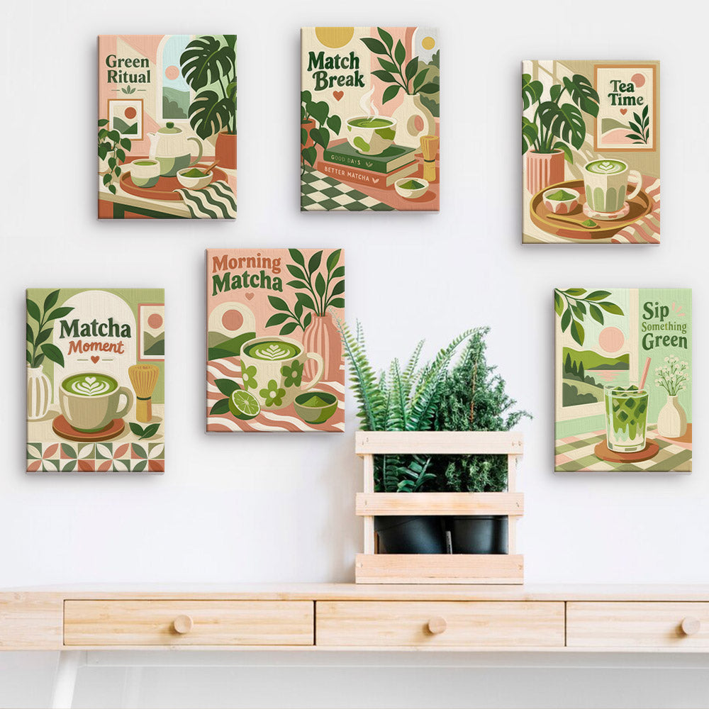 a wall with six framed artworks depicting various scenes related to matcha, including images of matcha lattes, matcha tea ceremonies, and matcha-themed plants.
