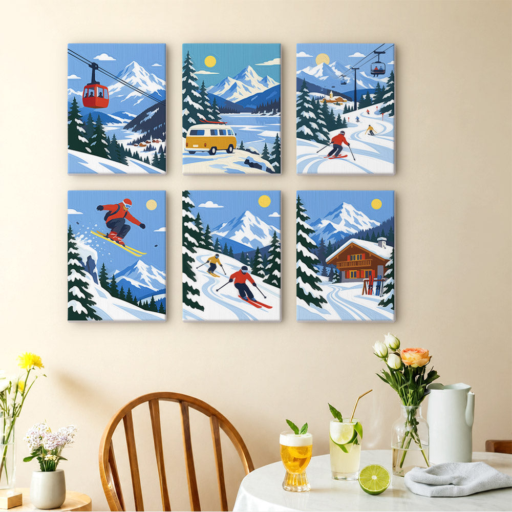 The image is a collage of six pictures depicting winter sports activities, including skiing, snowboarding, and a ski lift.