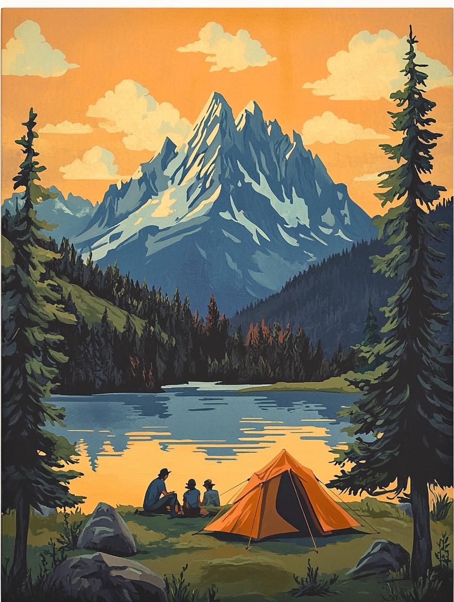 a painting of people camping by a lake