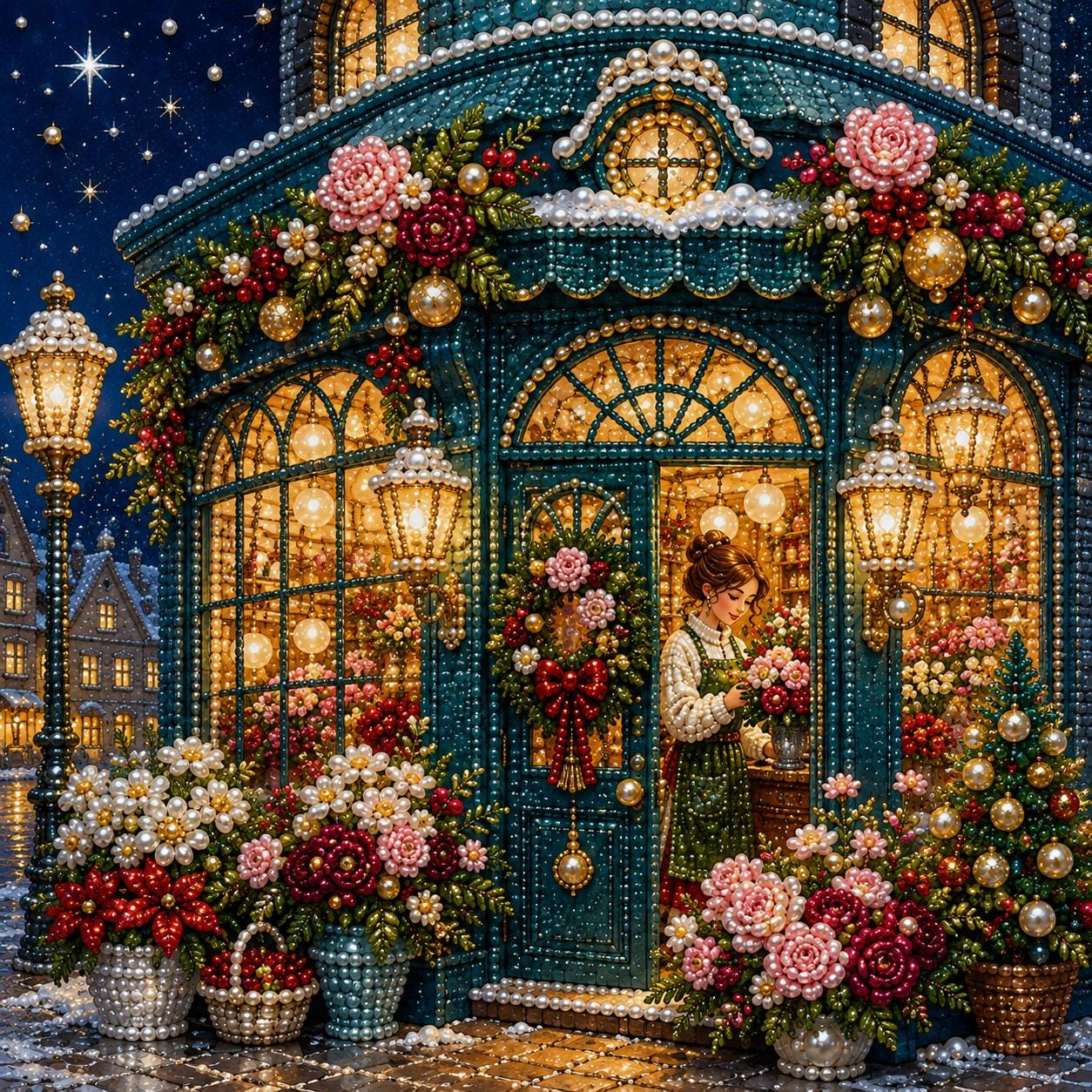a woman arranging flowers in front of a brightly lit store with a large window display. The store is decorated with colorful flowers, lights, and a clock, creating a festive atmosphere. The woman is holding a bouquet of flowers, adding to the overall charm of the scene.