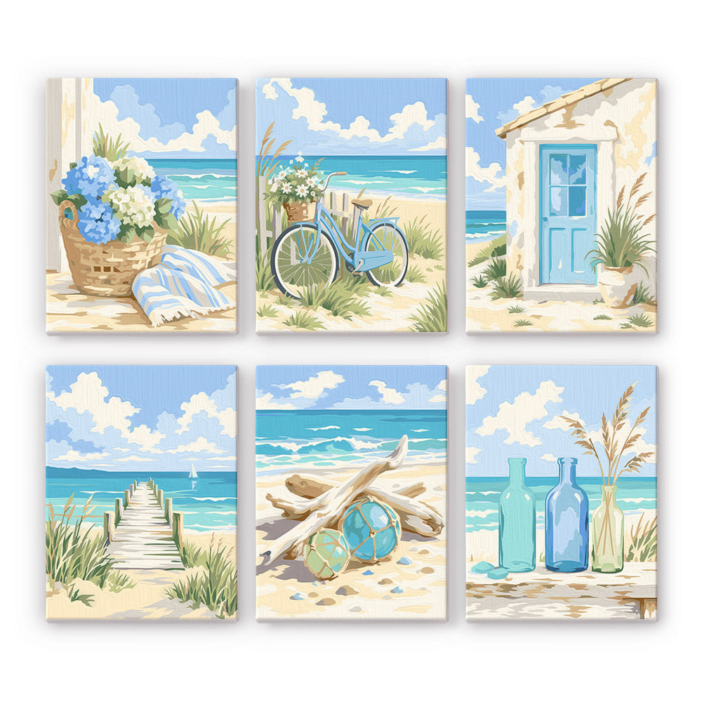 The image is a collage of six pictures depicting various beach scenes, including a bicycle, a house, a basket of flowers, a wooden dock, driftwood, and bottles.