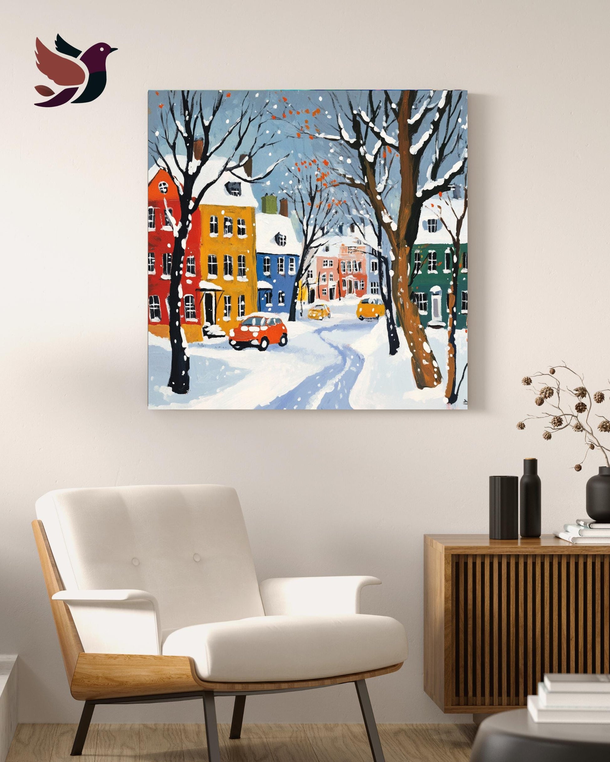 a painting of a snowy street with houses and a bird