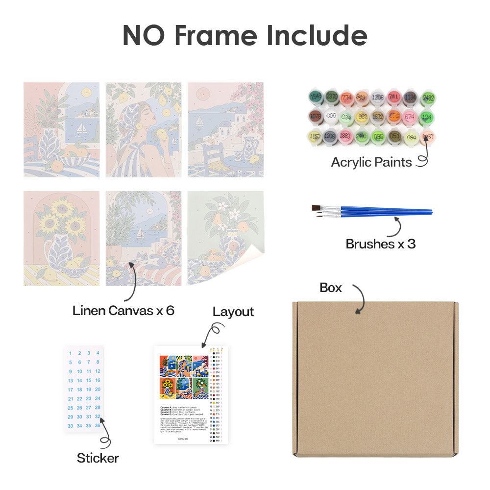 various art supplies and materials, including a box, acrylic paints, brushes, a box, a sticker, and a linen canvas.