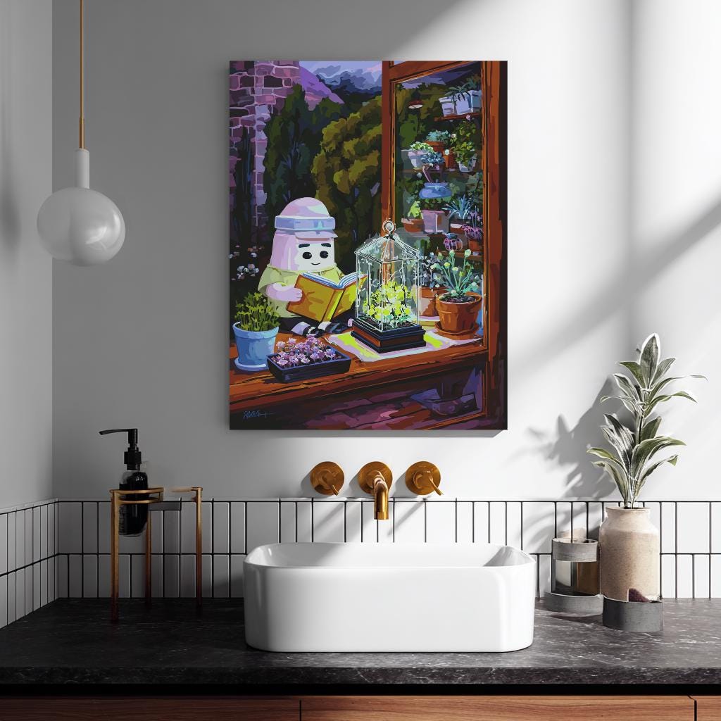 a bathroom with a white sink, a potted plant, and a painting of a character reading a book.