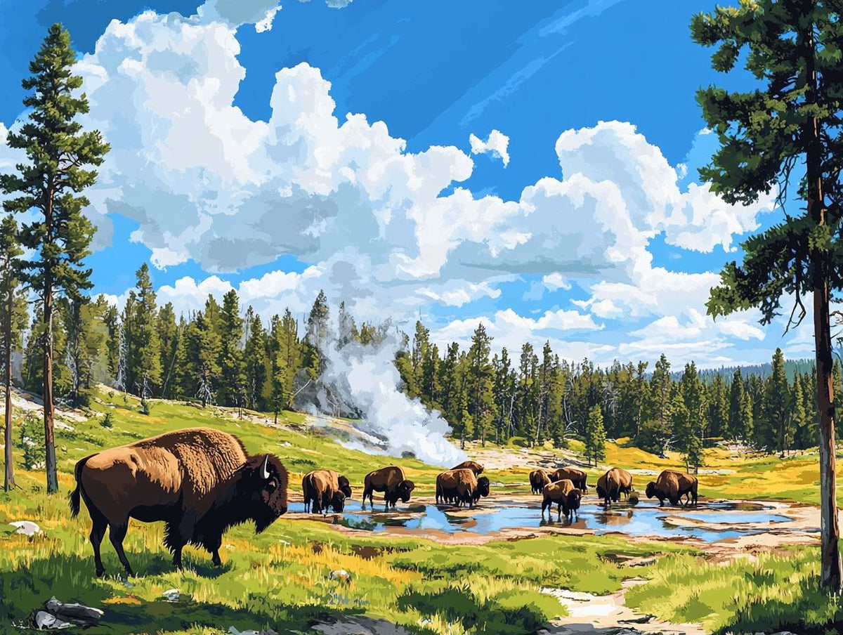 a painting of a herd of bison drinking water