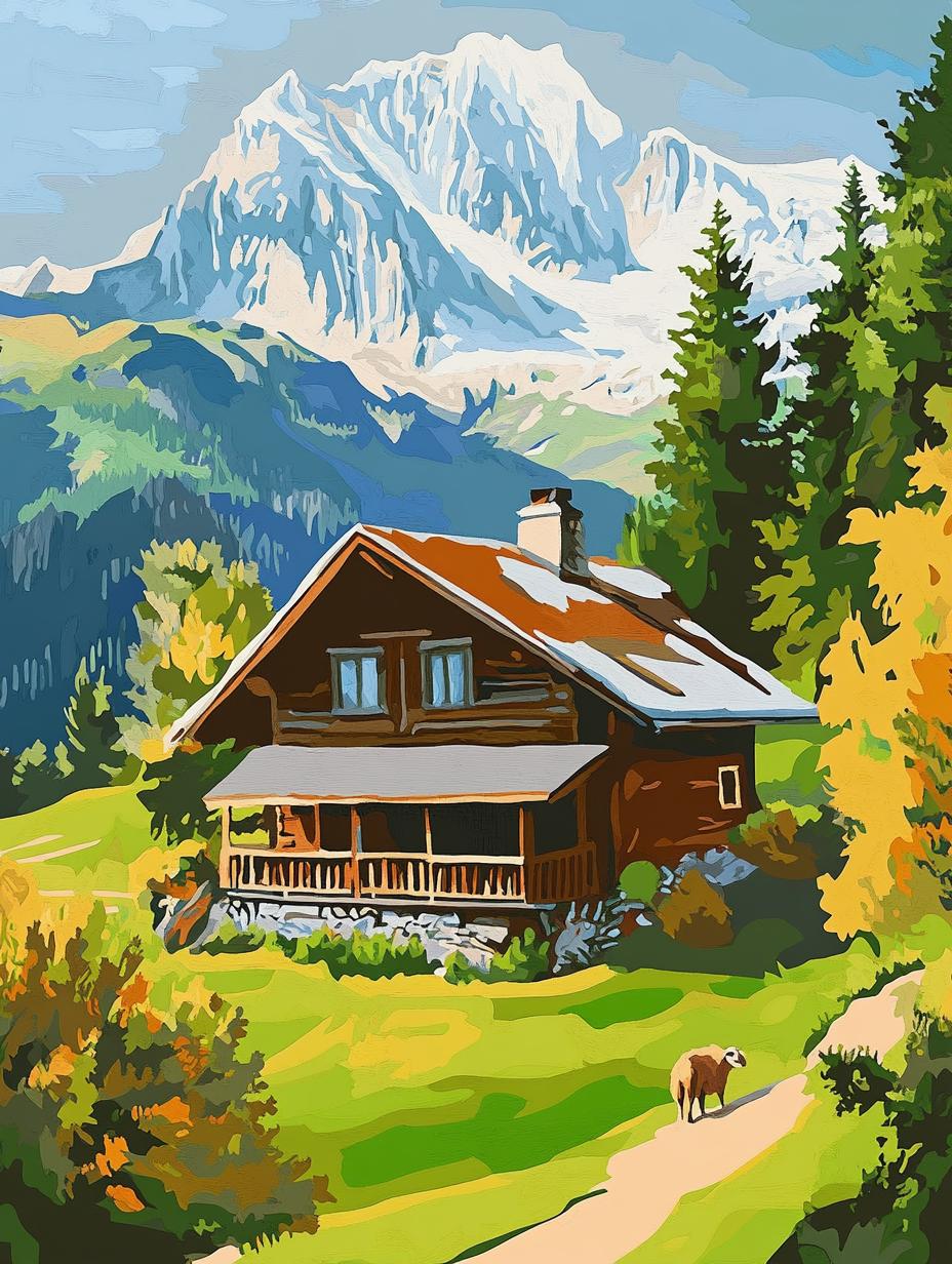 a painting of a cabin in the mountains