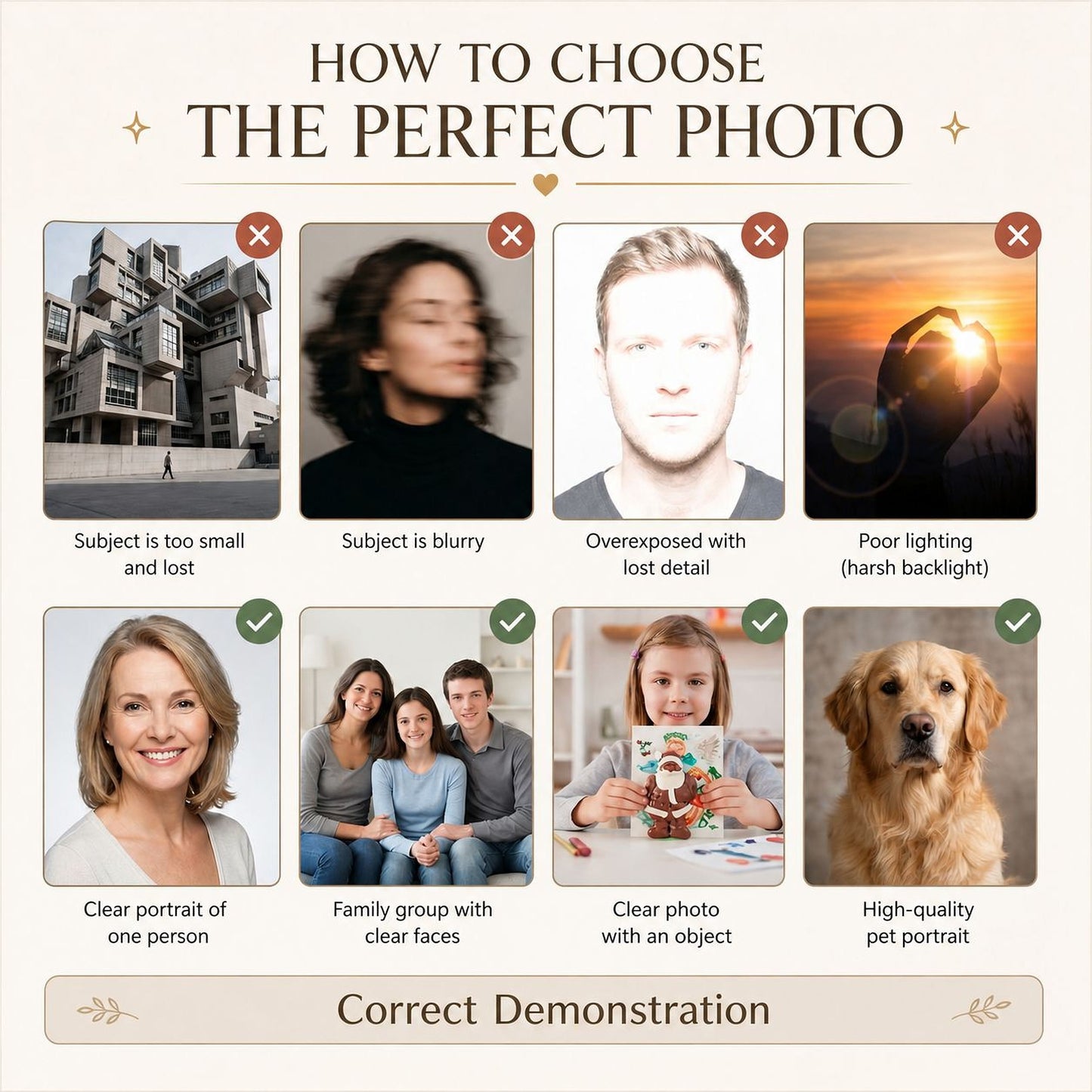 The image is a collage of nine different portraits, each with a caption describing the photo's characteristics. The goal is to choose the perfect photo by identifying the one that best fits the desired criteria.