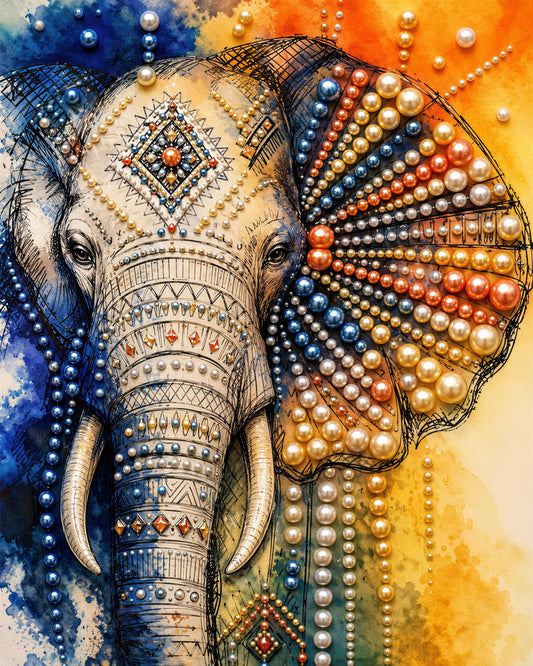 The image is a detailed drawing of an elephant, featuring intricate patterns and designs made of beads and pearls.