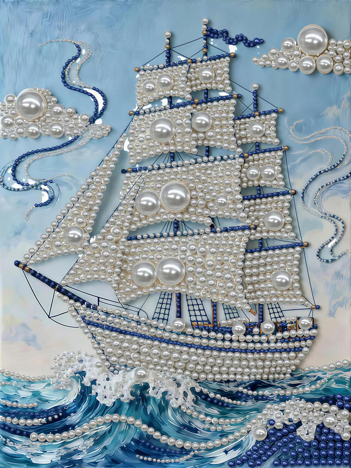 The image is a collage featuring a large, intricately designed ship made entirely of pearls and beads, sailing on a wave-filled ocean.