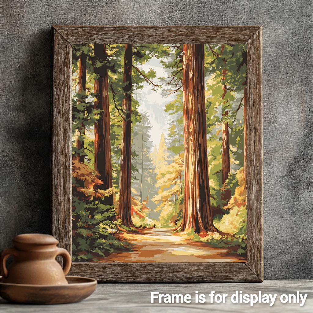 a painting of a forest scene with a wooden frame