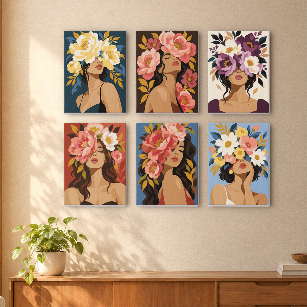 six colorful paintings of women with flowers on their heads, displayed on a wall above a wooden dresser.