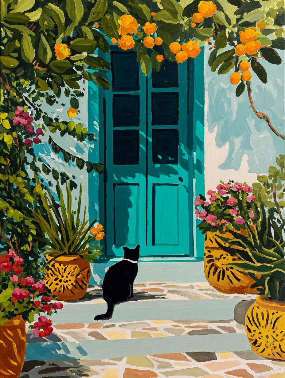 A black cat sits on a tiled floor, gazing at a vibrant blue door with a green window frame, surrounded by lush greenery and colorful flowers.