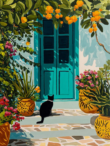 A black cat sits on a tiled floor, gazing at a vibrant blue door with a green window frame, surrounded by lush greenery and colorful flowers.