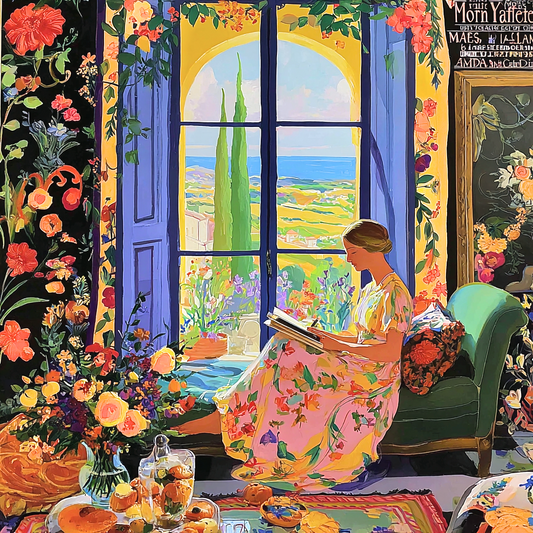 A woman in a colorful floral dress is sitting on a green couch, reading a book, with a vase of flowers and a painting of a landscape visible through the window behind her.