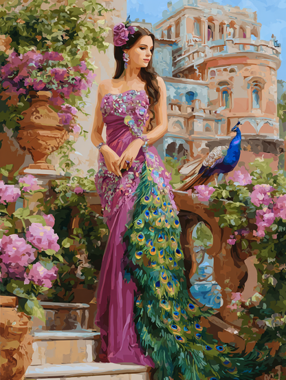 A woman in a lavender dress stands on a stone staircase, with a peacock perched on a nearby railing. The background features a pink and green floral garden, with a building visible in the distance.