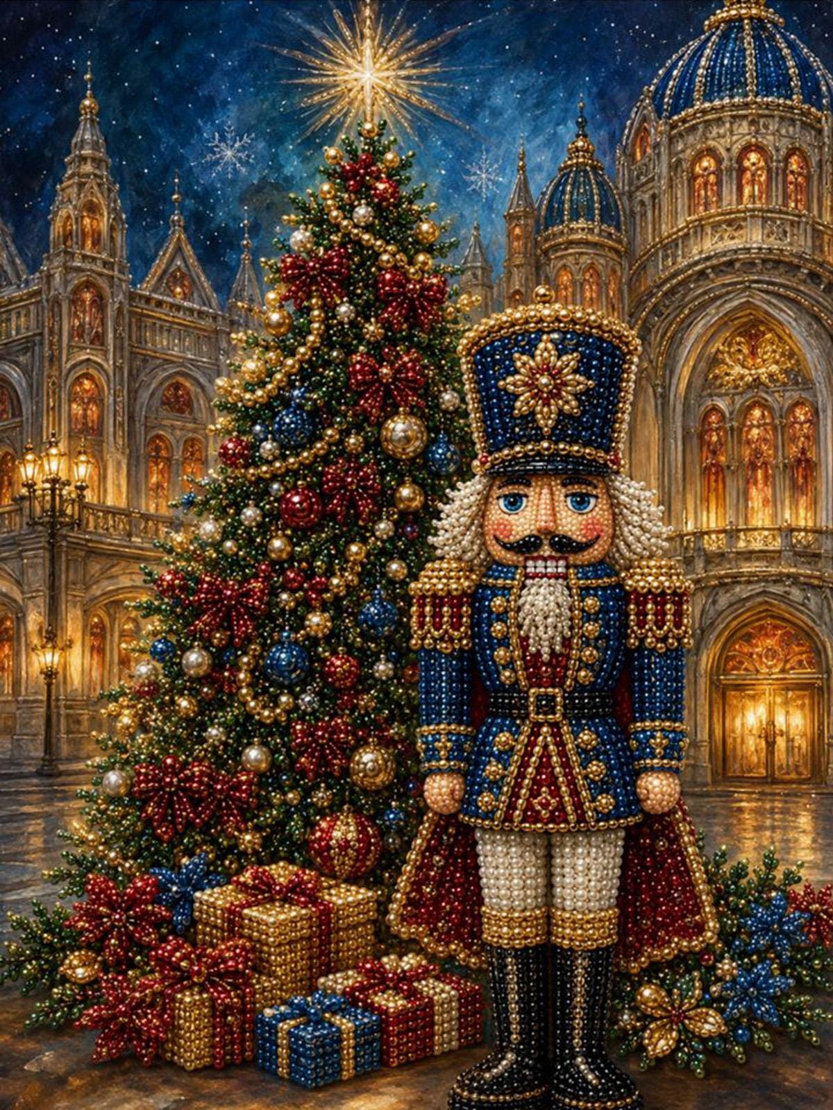 A nutcracker figure stands in front of a beautifully decorated Christmas tree, with a grand cathedral and starry night sky in the background.