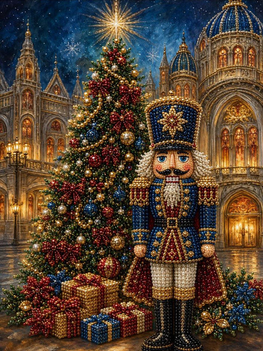 A nutcracker figure stands in front of a beautifully decorated Christmas tree, with a grand cathedral and starry night sky in the background.