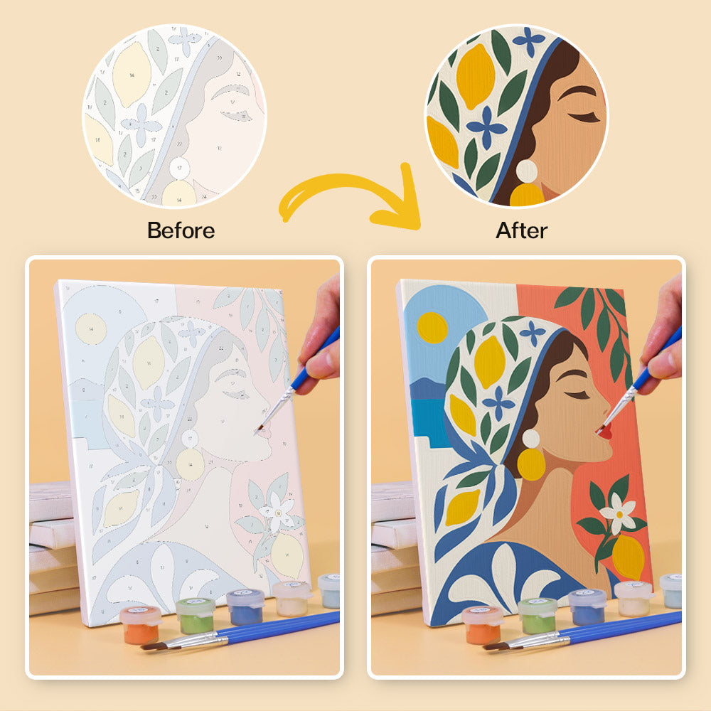 The image is a before and after comparison of a painting process. The before image shows a plain canvas with no painting, while the after image shows a completed painting with a woman's face and floral designs.