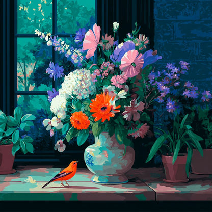 A vibrant bouquet of flowers in a vase sits on a windowsill, with a small orange bird perched on the windowsill in front of the flowers.