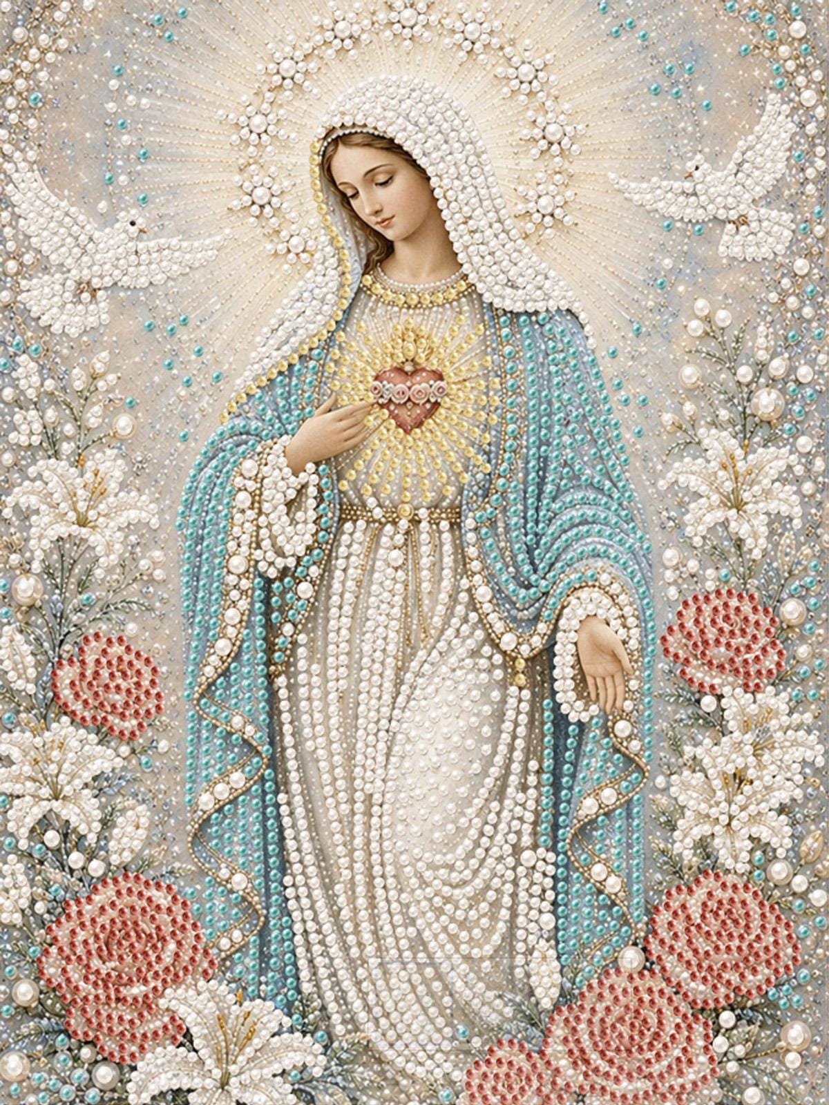 a religious figure, likely a saint or deity, surrounded by flowers and pearls. The figure is wearing a robe and a veil, and is holding a heart. The background is filled with a pattern of flowers and pearls, creating a serene and sacred atmosphere.